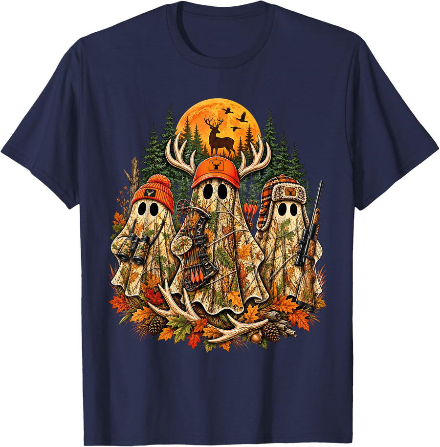 Camo Ghost Deer Hunting Halloween Bow Hunter Whitetail T-Shirt - Navy Blue