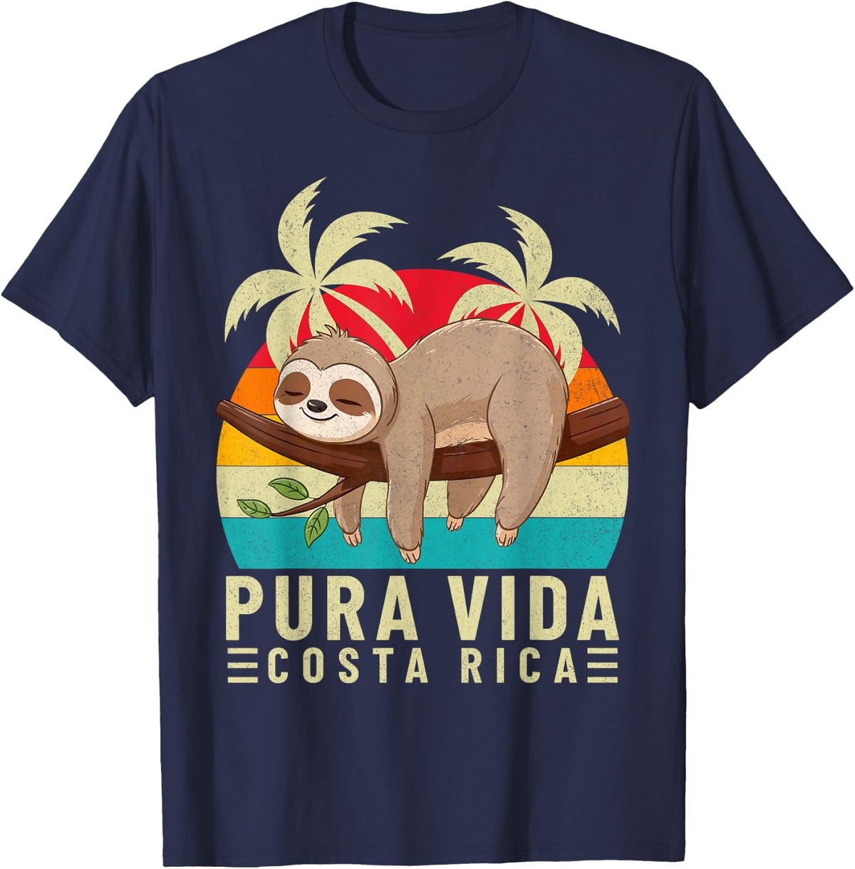 Pura Vida Beach Costa Rica Tropical Sunset Vintage Sloth T-Shirt - Navy Blue