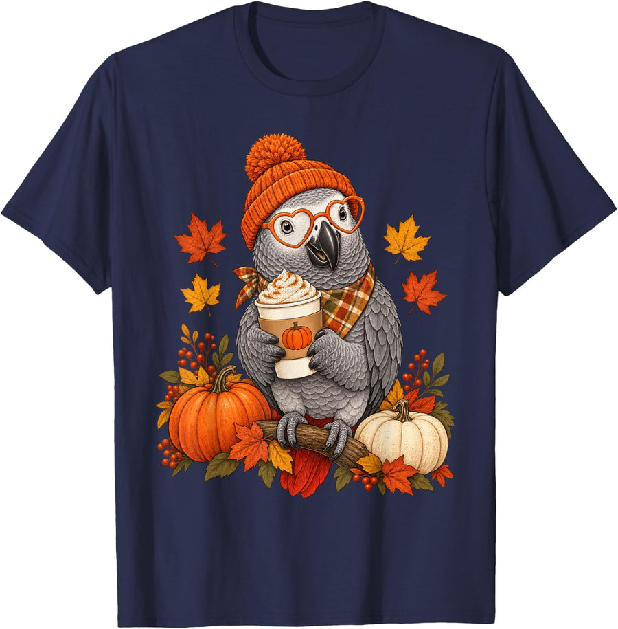 African Grey Parrot Fall Autumn Season Pumpkin Spice Bird T-Shirt - Navy Blue