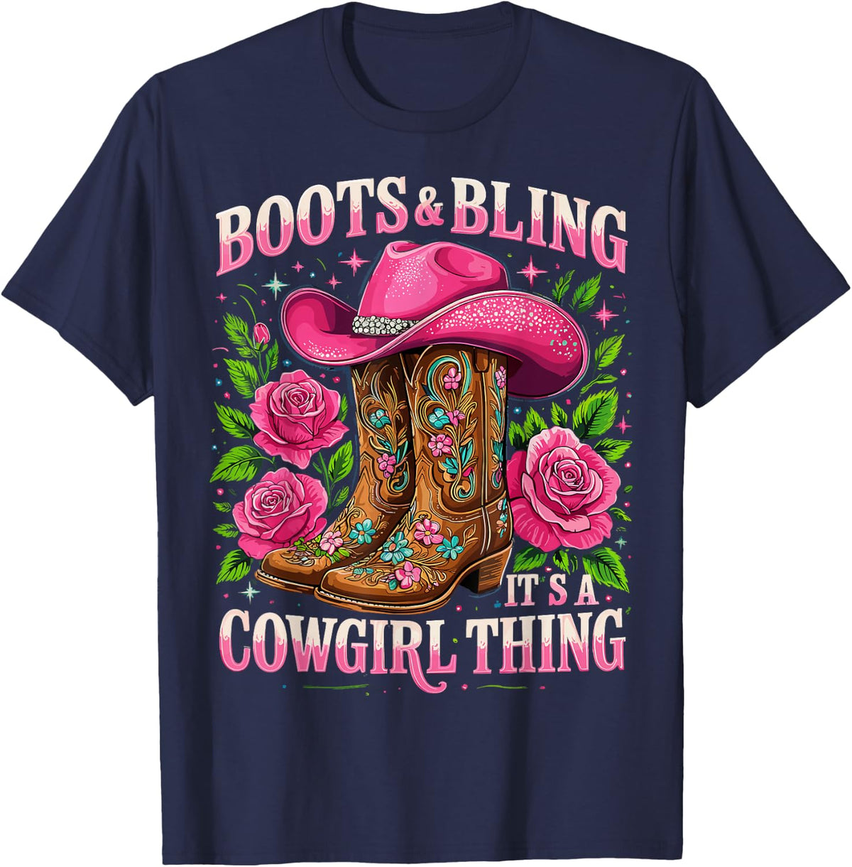 Boots and Bling its a Cowgirl Thing Country Girl T-Shirt - Navy Blue