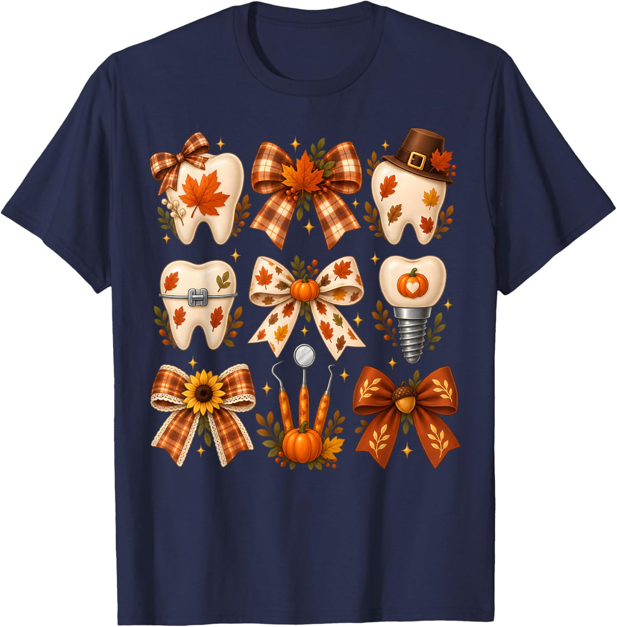 Dental Hygienist Teeth Bows Thanksgiving Dentist Fall T-Shirt - Navy Blue