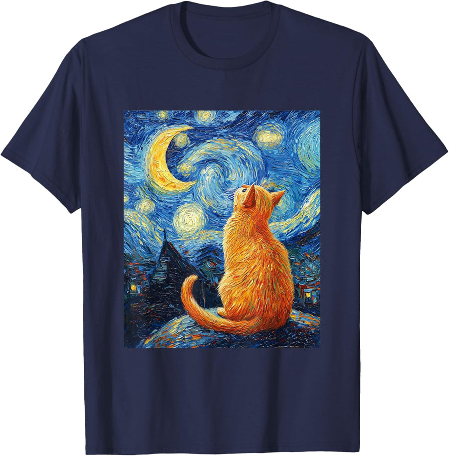 Cat Van Gogh Style Starry Night Art Funny Graphic T-Shirt - Navy Blue