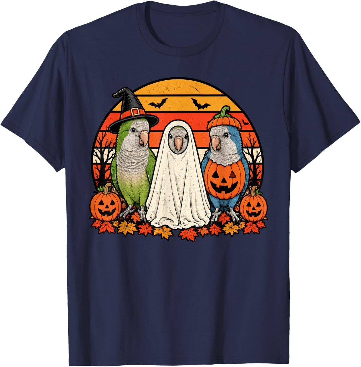 Spooky Quaker Parrot Pumpkin Ghost Halloween Bird T-Shirt - Navy Blue