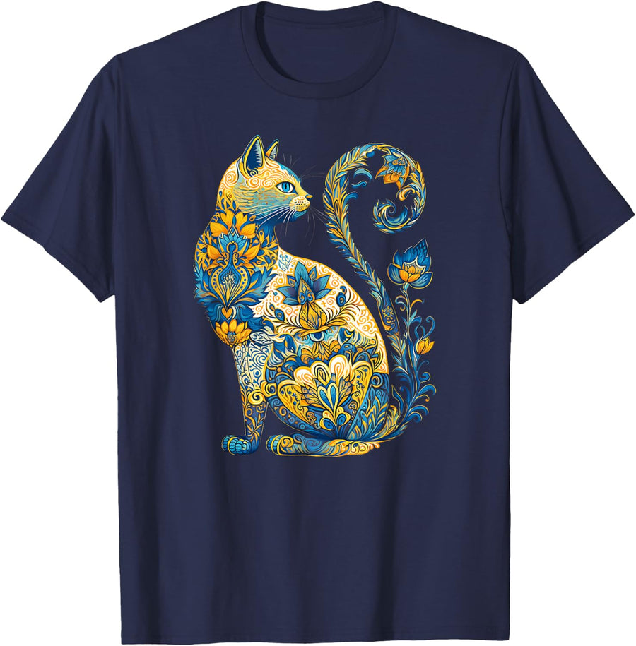 Ukrainian Cat Floral Vintage Ukraine Flag & Vyshyvanka Style T-Shirt - Navy Blue