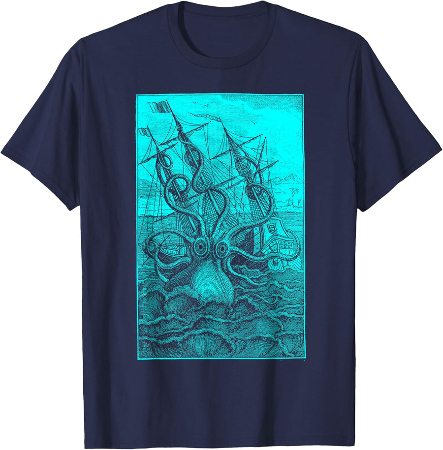 Giant Octopus Pirate Ship Vintage Kraken Sailing Squid T-Shirt - Navy Blue