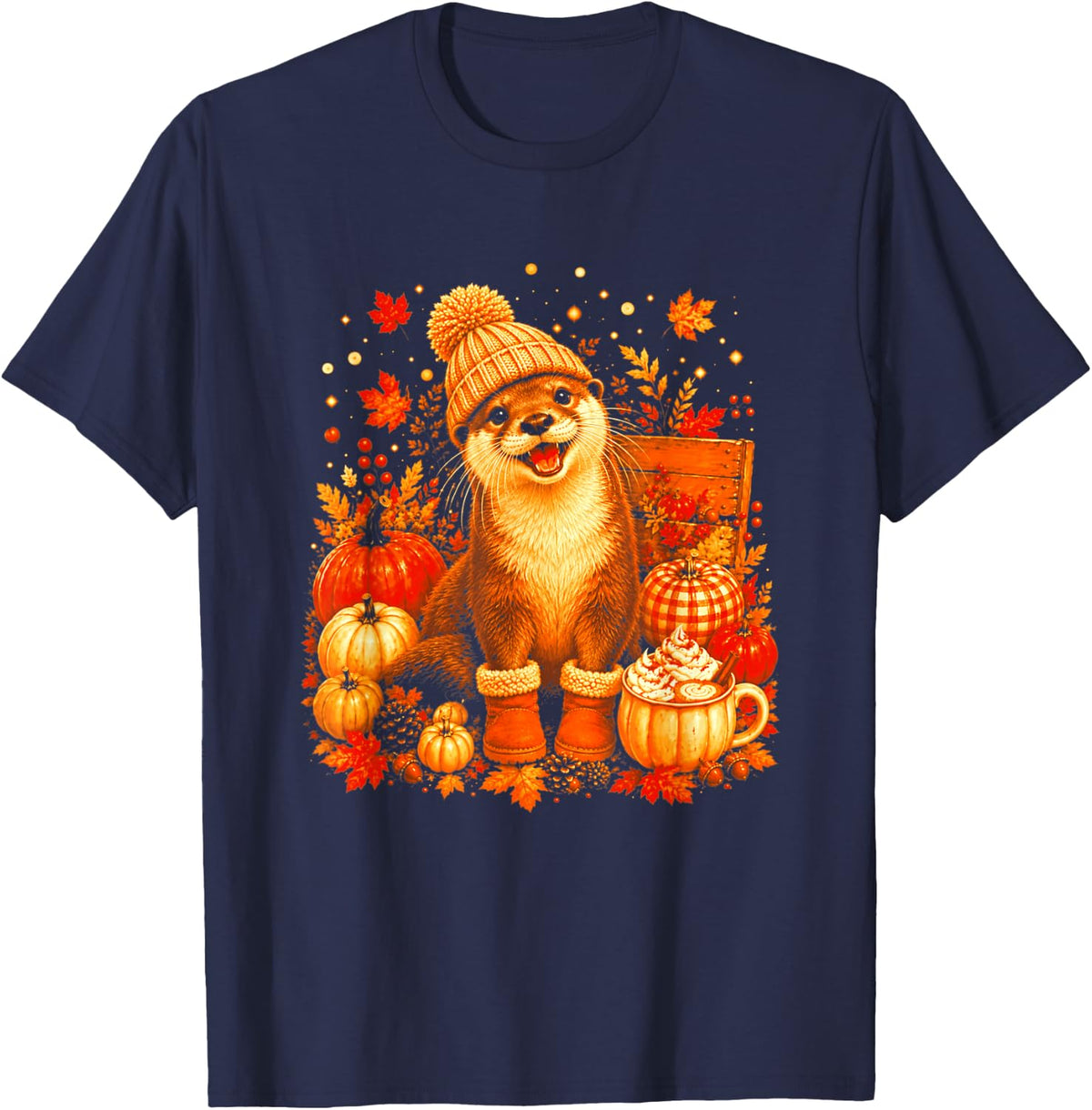 Otter Fall Cozy Vibes Fall Autumn T-Shirt - Navy Blue
