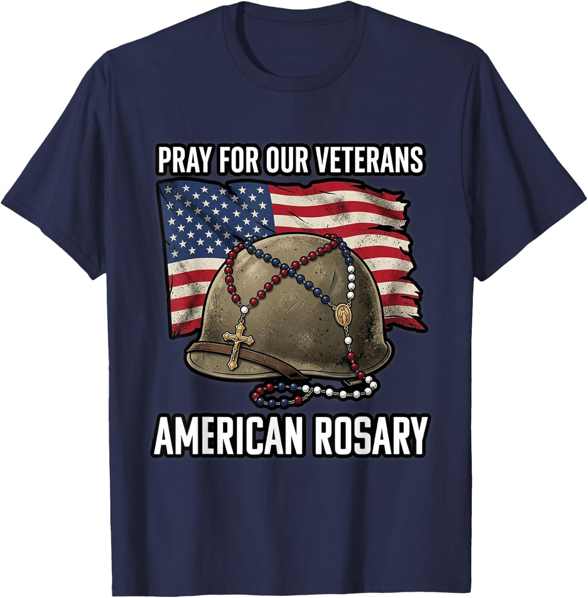 Grandfather Rosary Flag Rocking Chair Catholic T-Shirt - Navy Blue