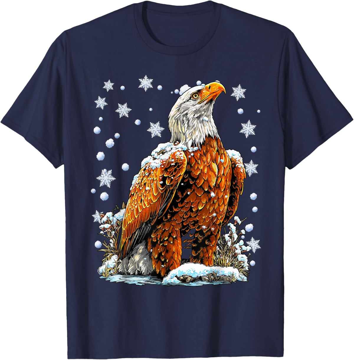 Snowy Bald Eagle with Snow and Snowflakes Winter Aesthetic T-Shirt - Navy Blue