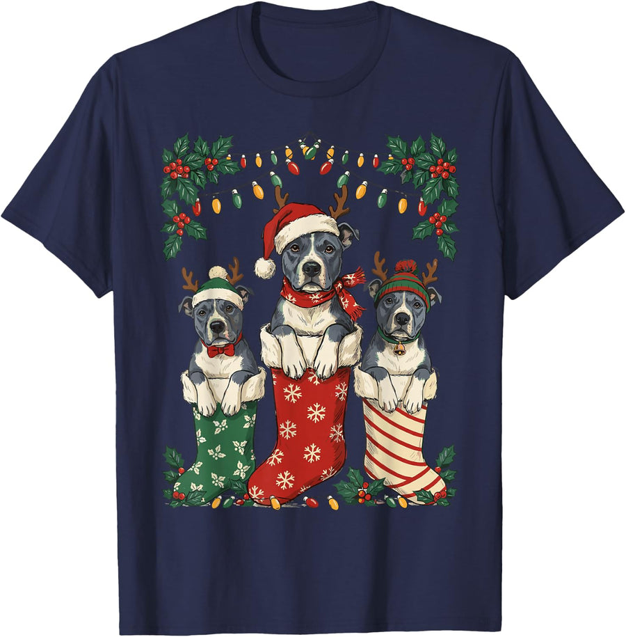 American Staffordshire Terrier Christmas Stocking Puppy T-Shirt - Navy Blue