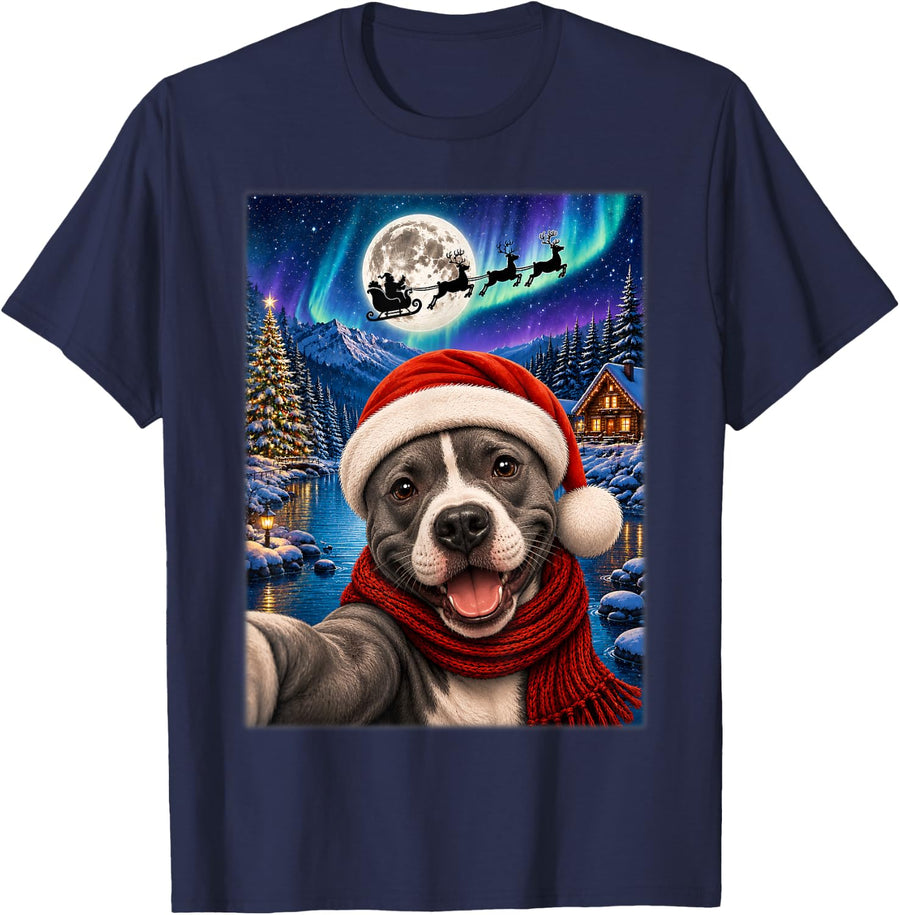 American Staffordshire Terrier Dog Christmas Full Moon Night T-Shirt - Navy Blue