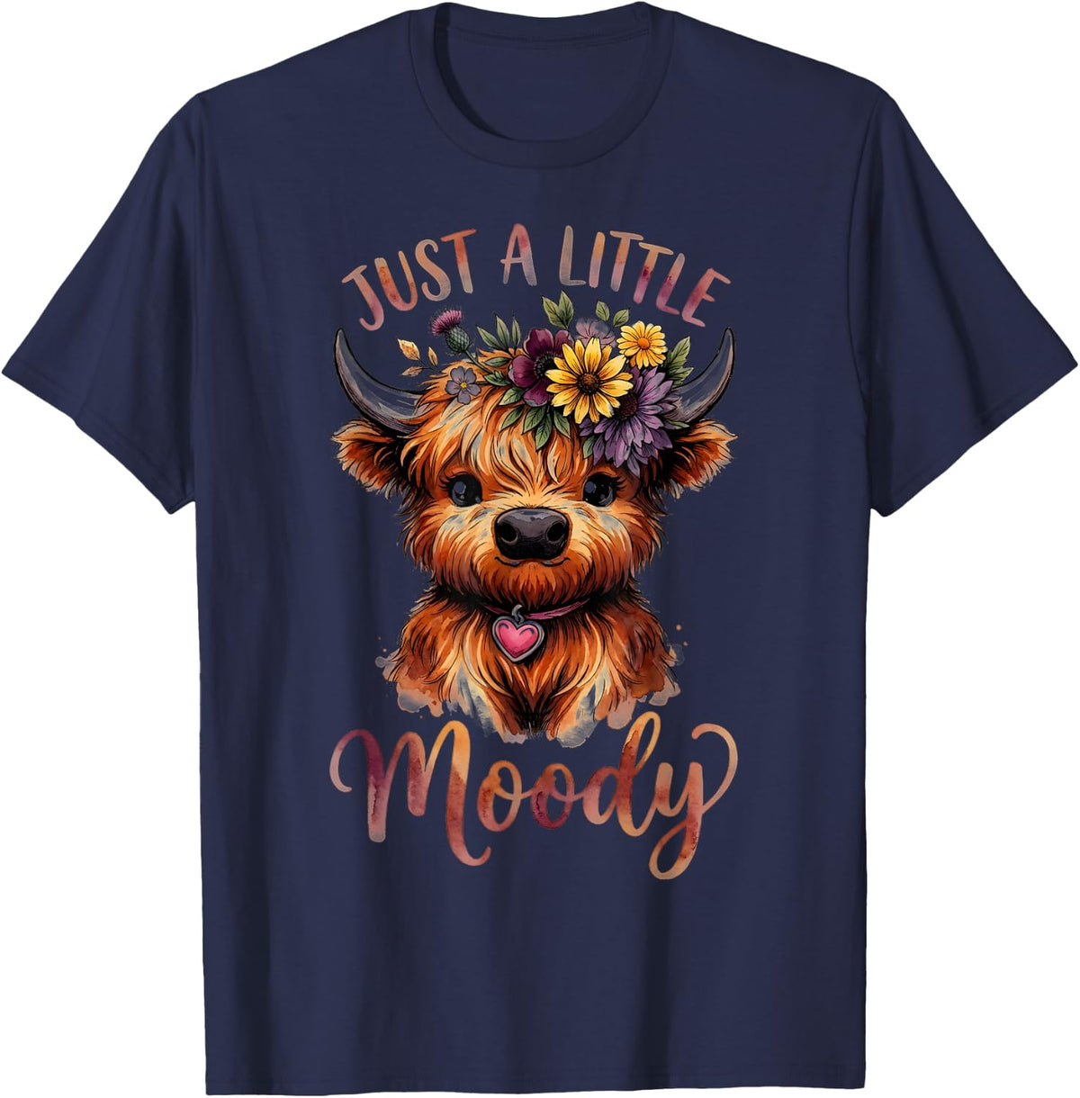 Highland Cow Just A-Little Moody - Farm Animals Flower T-Shirt - Navy Blue