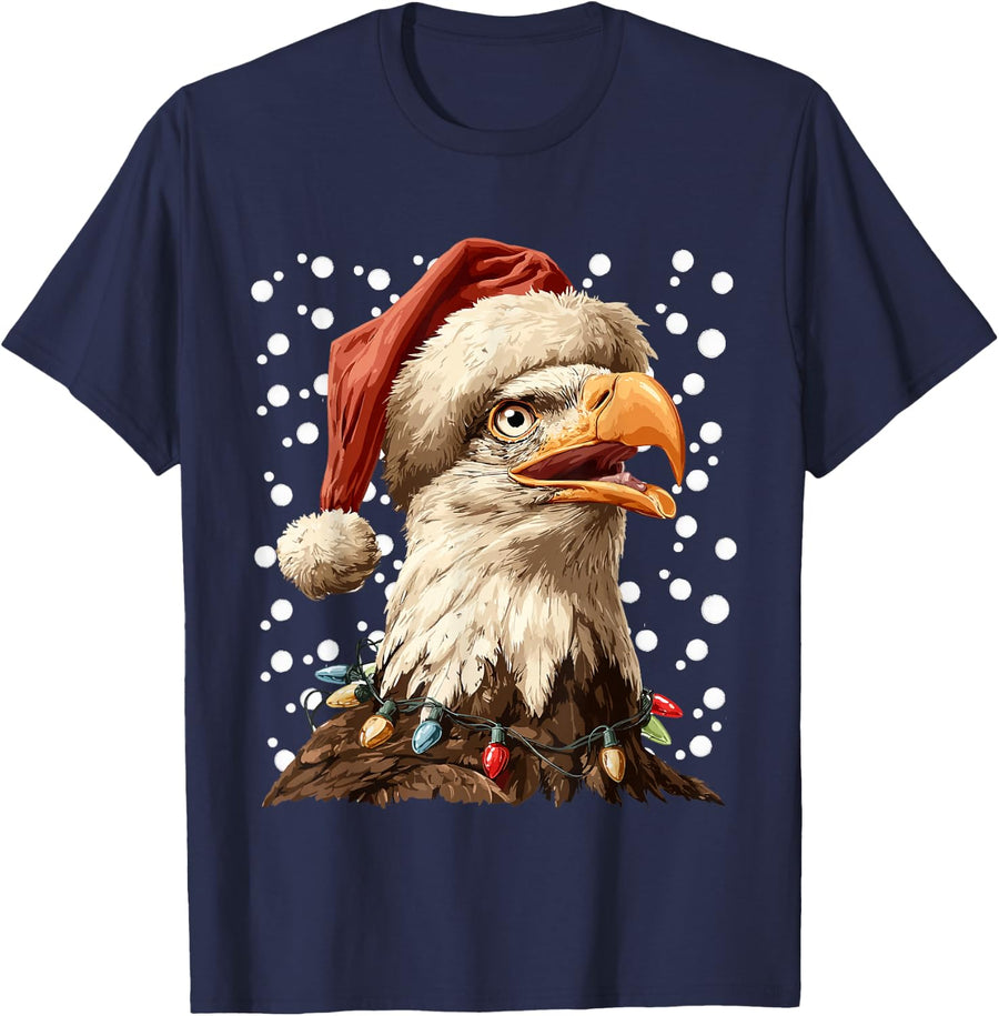 Christmas Bald Eagle with Santa Hat Festive Lights and Snow T-Shirt - Navy Blue