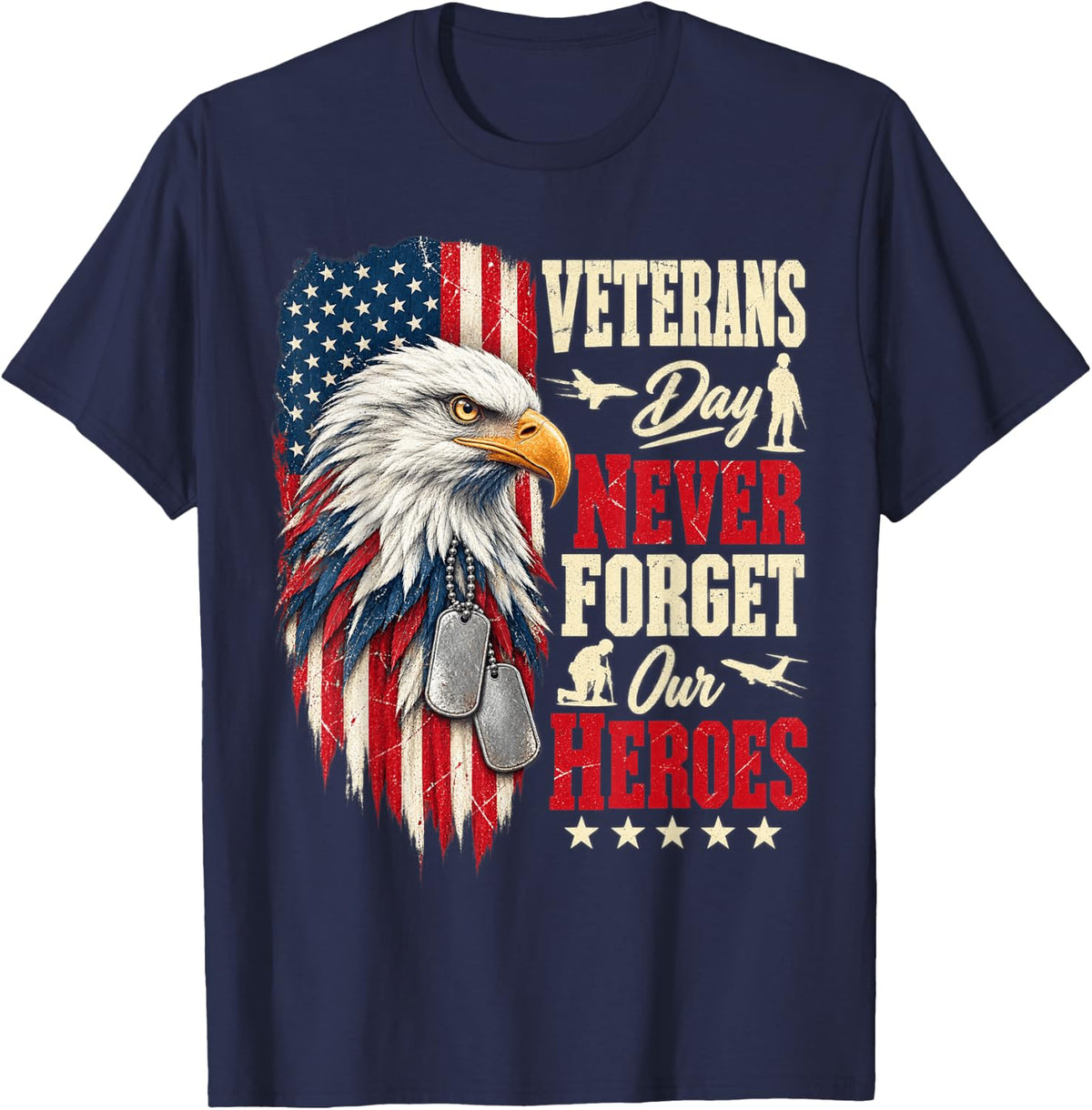 Veterans Day Never Forget Our Heroes Bald Eagle USA Flag T-Shirt - Navy Blue