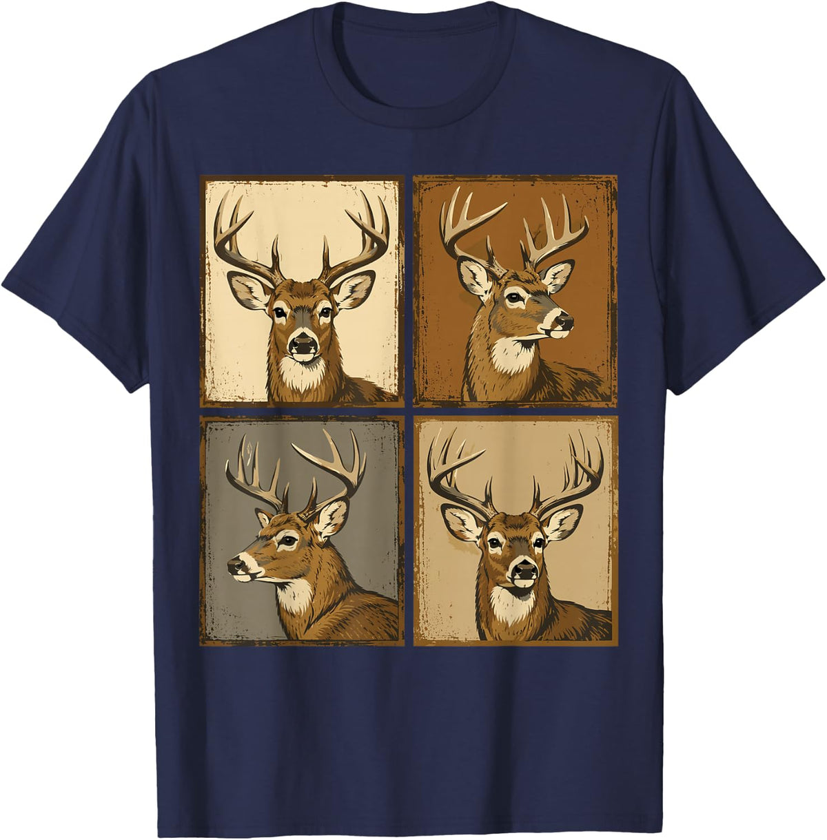 Deer Buck Portrait Grid Vintage T-Shirt - Navy Blue