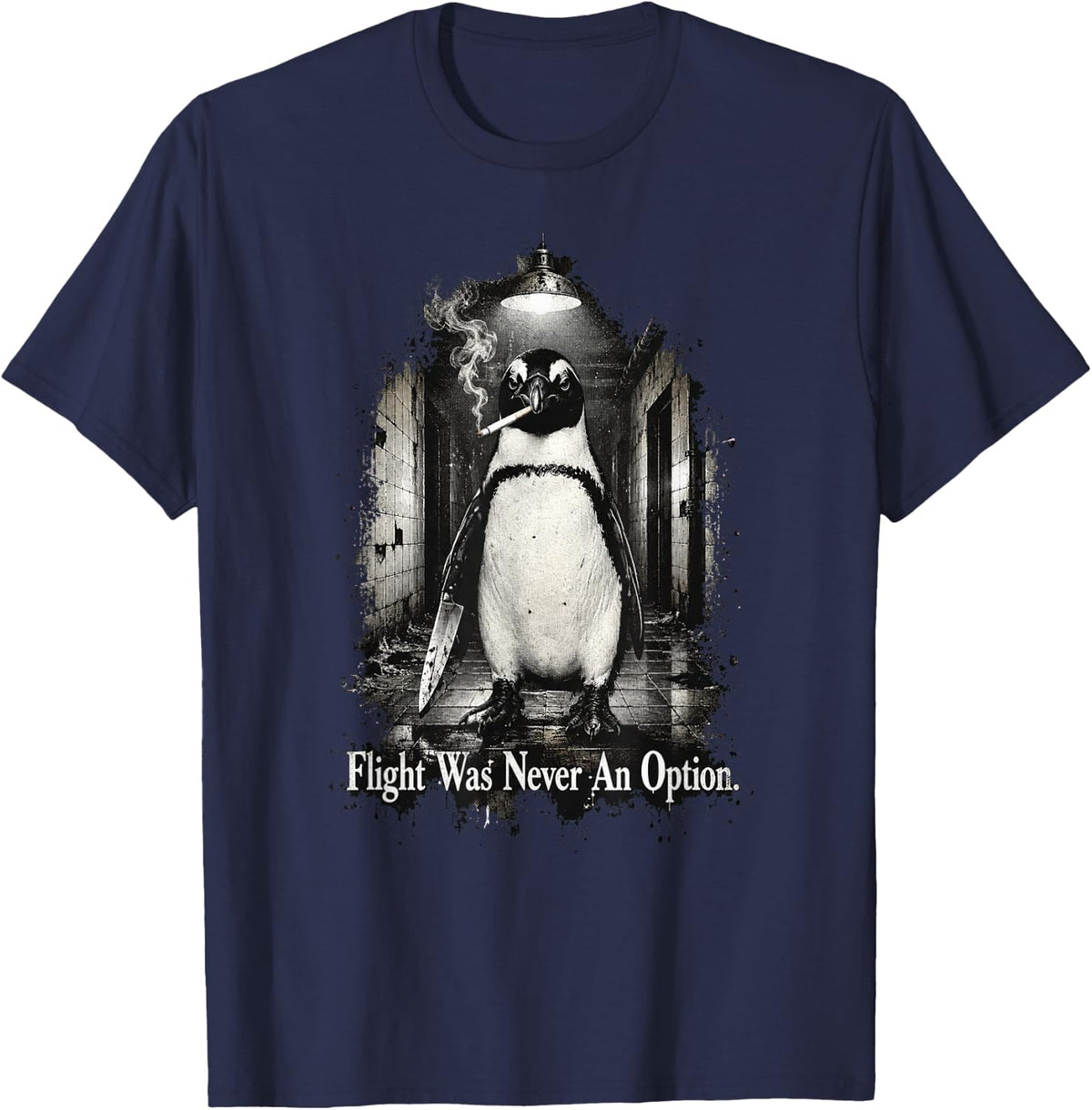 Flight was Never an Option Penguin Knife Noir Dark Humor T-Shirt - Navy Blue