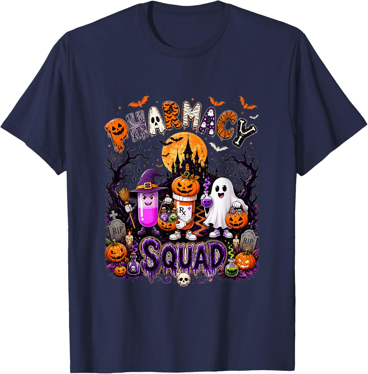 Pharmacy Squad Halloween Pharmacist Horror Pills As Witch T-Shirt - Navy Blue
