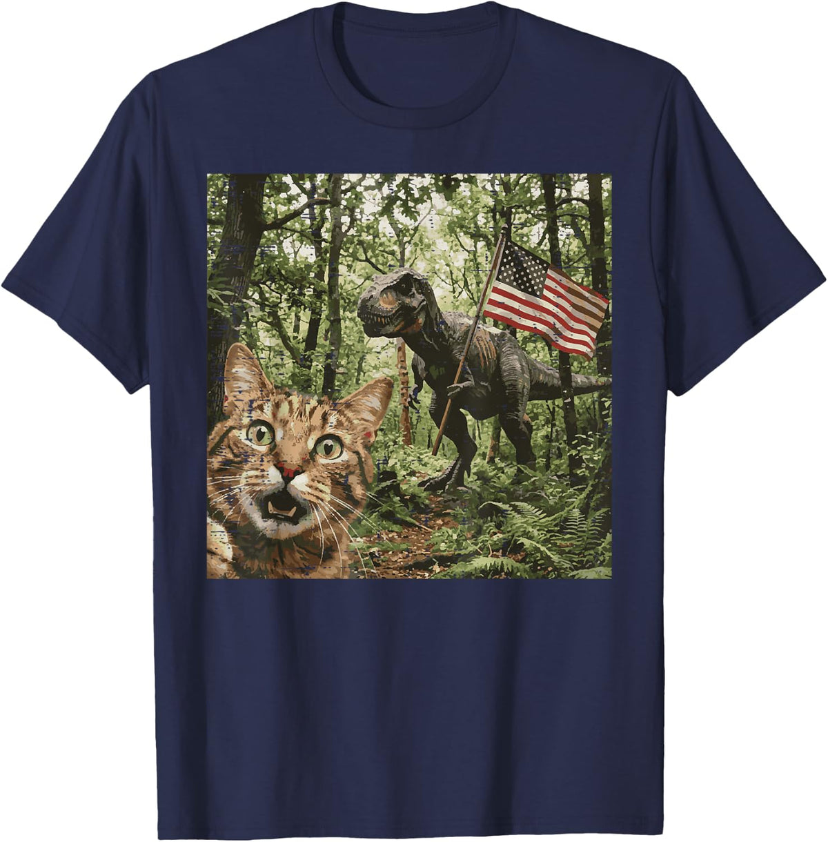 Cat Dino Trex Selfie US Flag Funny 4th of July Men Women Kid T-Shirt - Navy Blue
