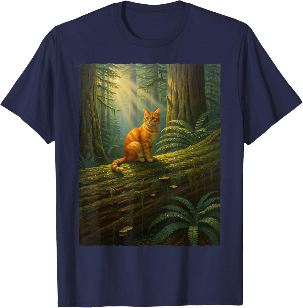 Orange Tabby Ginger Cat in Sunlit Forest Nature Woods T-Shirt - Navy Blue