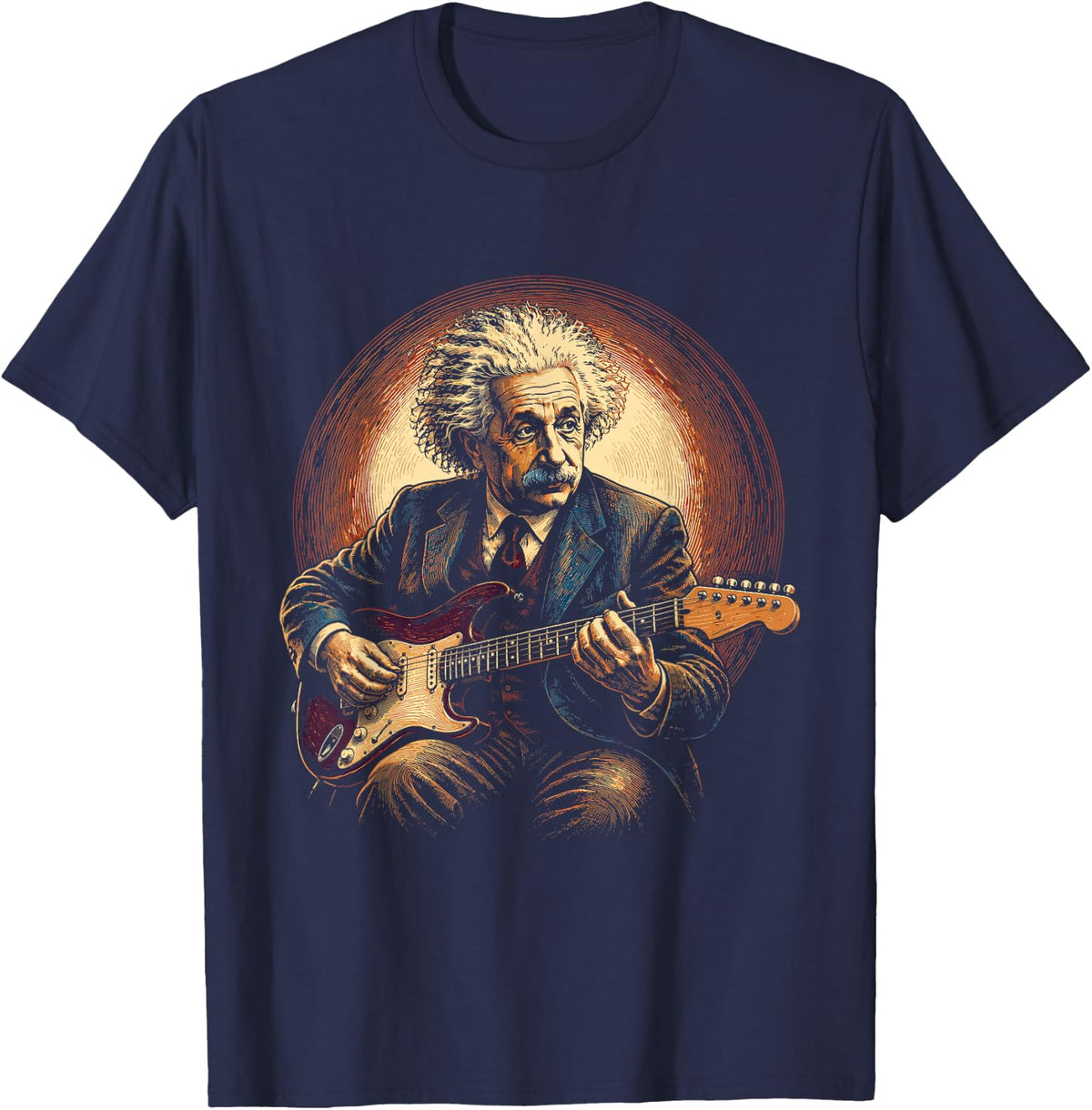 Albert E. Scientist Physicist Playing Guitar Design T-Shirt - Navy Blue