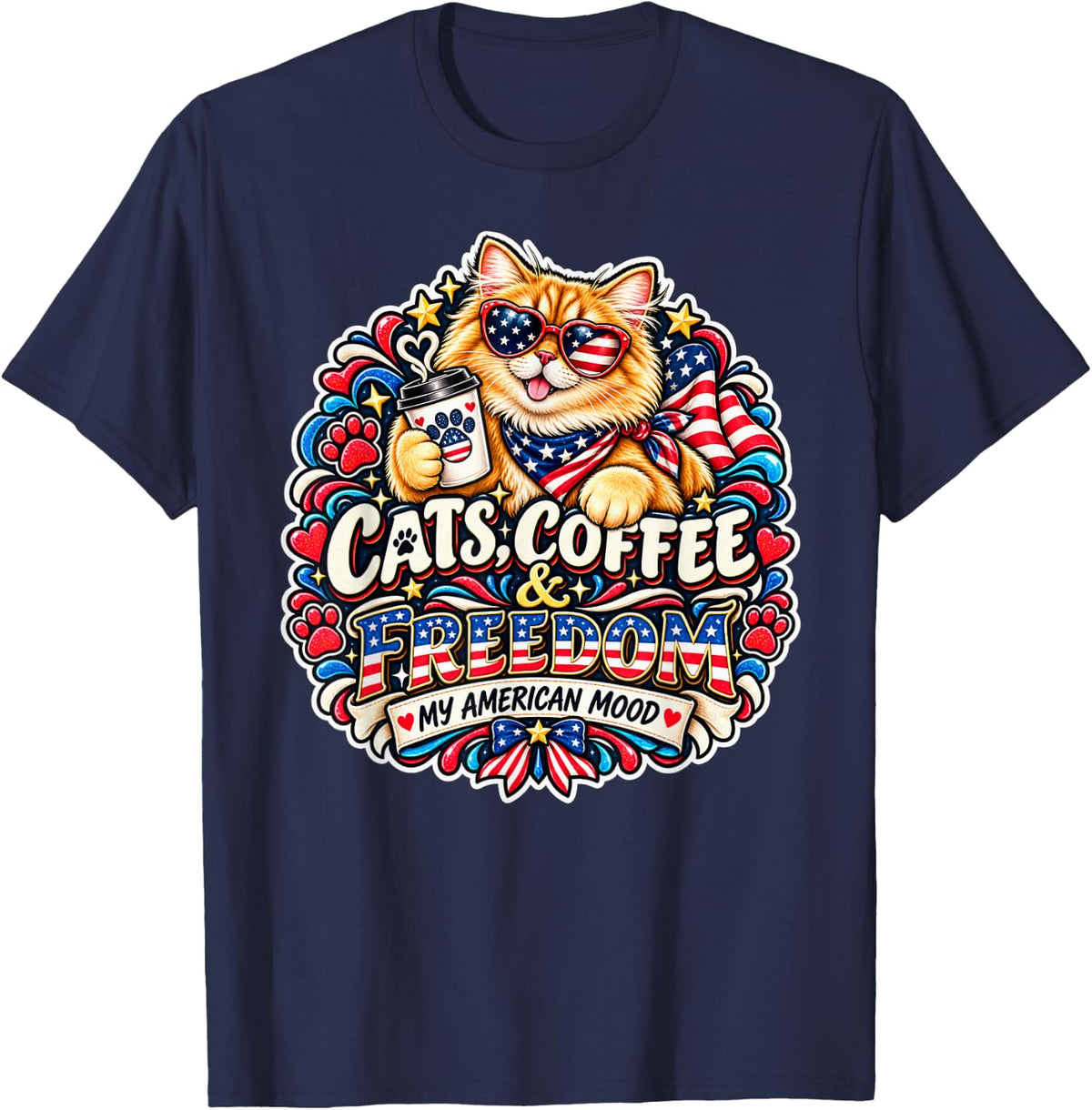 USA Cartoon Cat Coffee Cats Coffee & Freedom T-Shirt - Navy Blue