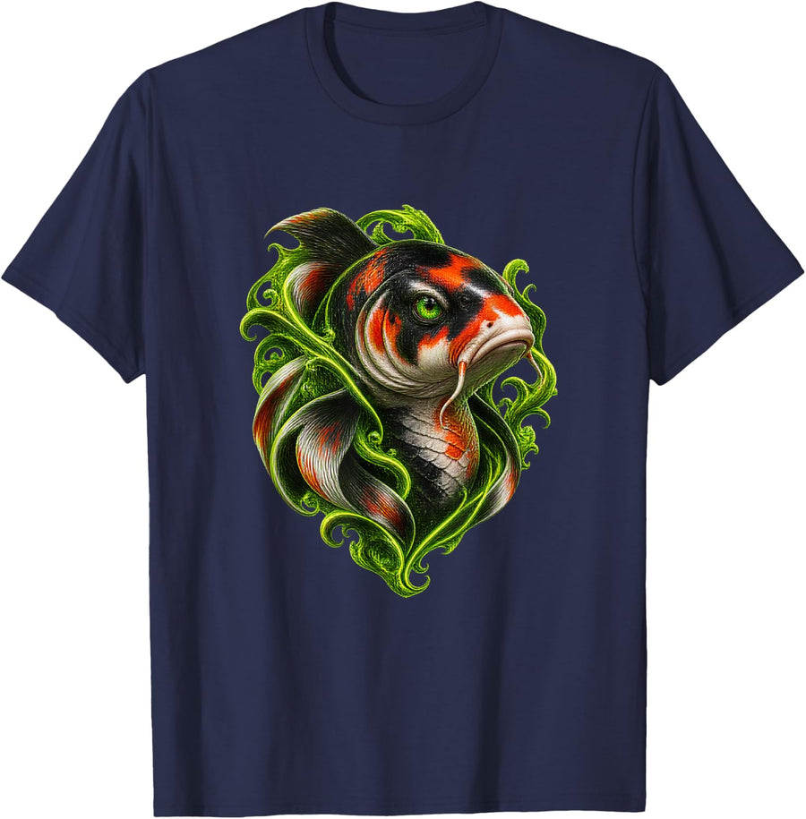 Koi Fish with Bright Green Vines T-Shirt - Navy Blue