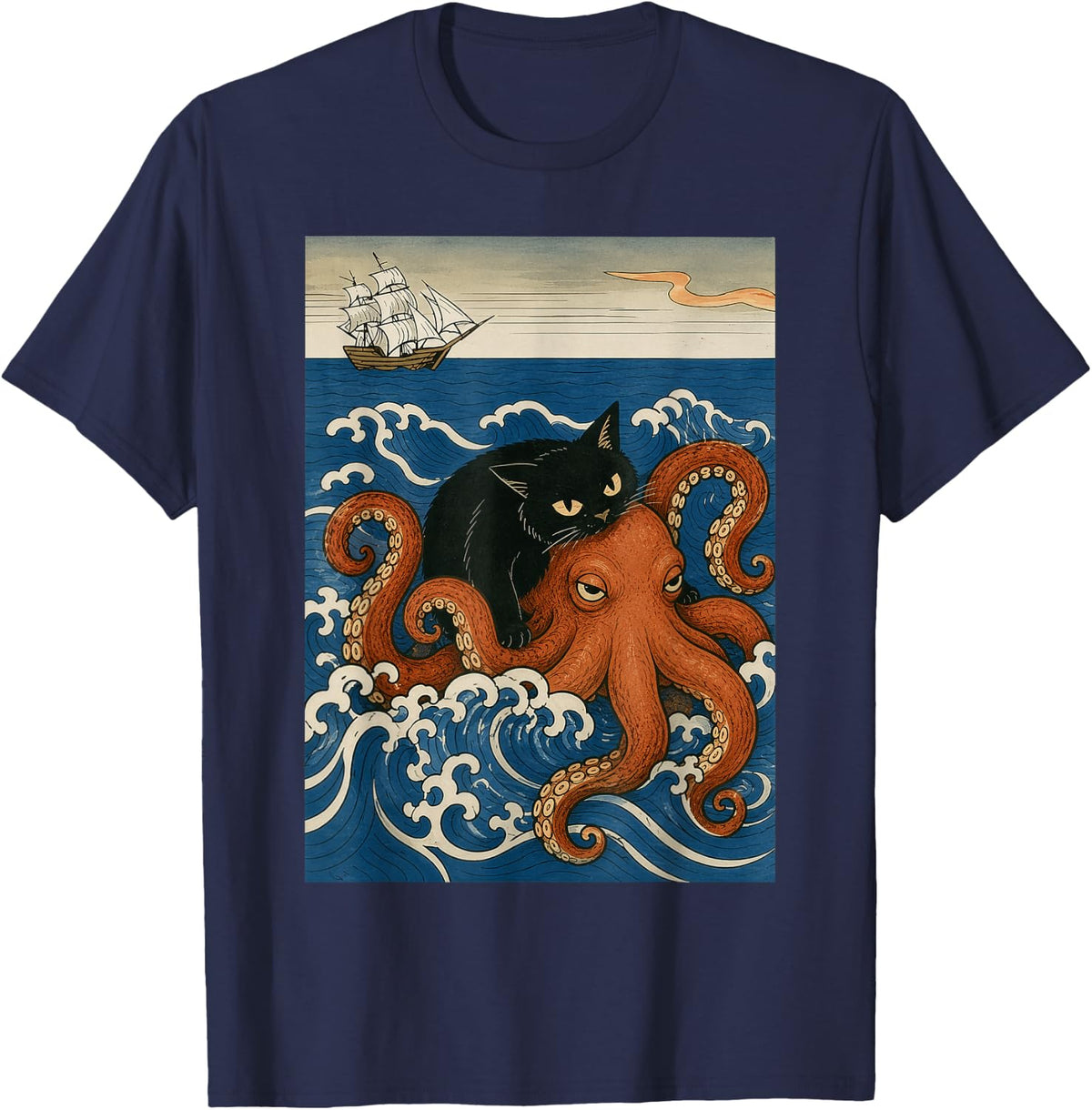 Funny Black Cat Riding Octopus Japanese Woodblock Ocean Art T-Shirt - Navy Blue