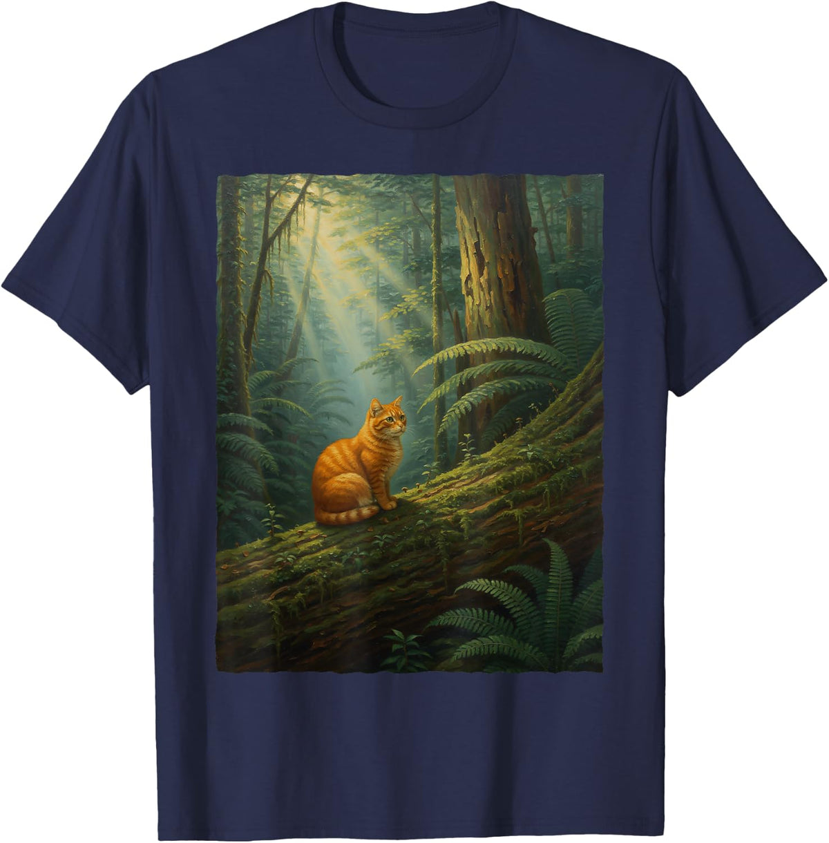 Ginger Orange Tabby Cat in Sunlit Woodland Forest Nature T-Shirt - Navy Blue