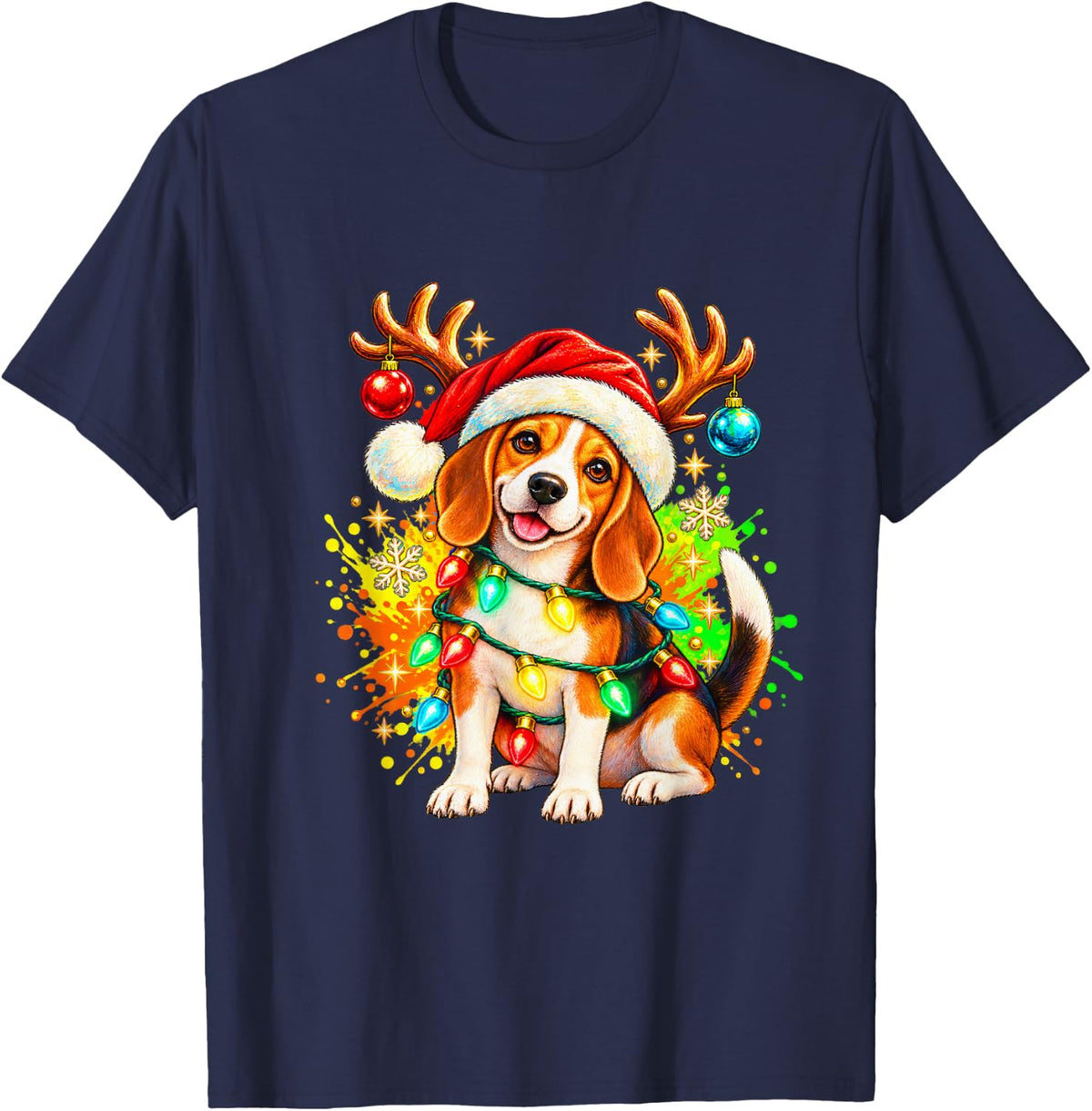 Beagle Dog Christmas Santa Lights Colorful Painting T-Shirt - Navy Blue
