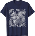 Cute Funny Squirrel Lovers Vintage Linocut Artwork T-Shirt - Navy Blue