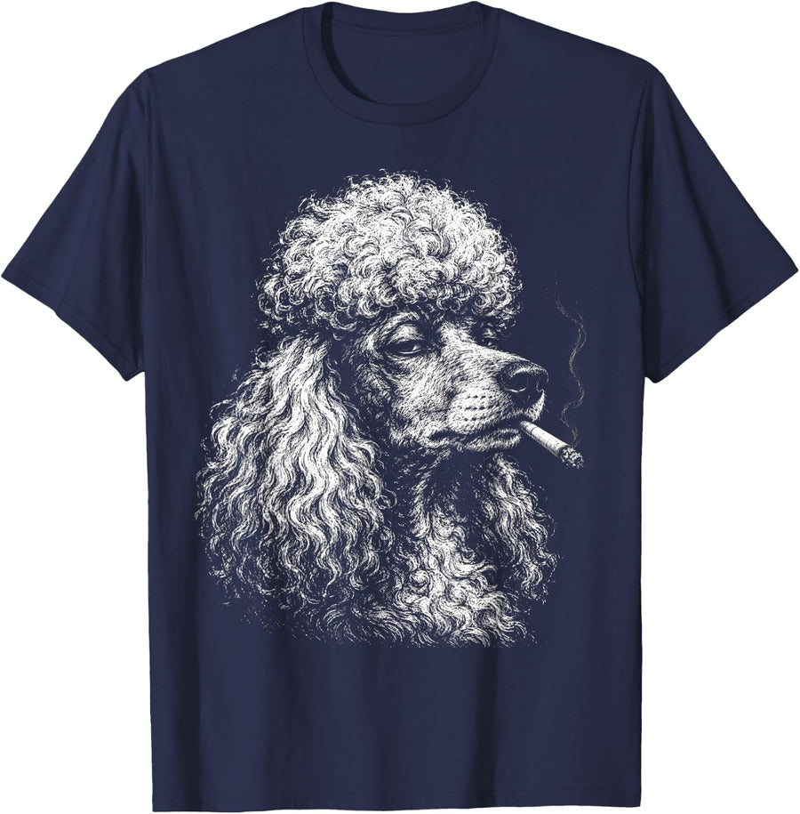 Funny Poodle Smoking Cigarette Grunge Dog Meme Retro Graphic T-Shirt - Navy Blue