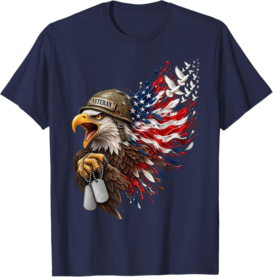 Bald Eagle Veteran Helmet American Flag Doves Veterans Day T-Shirt - Navy Blue