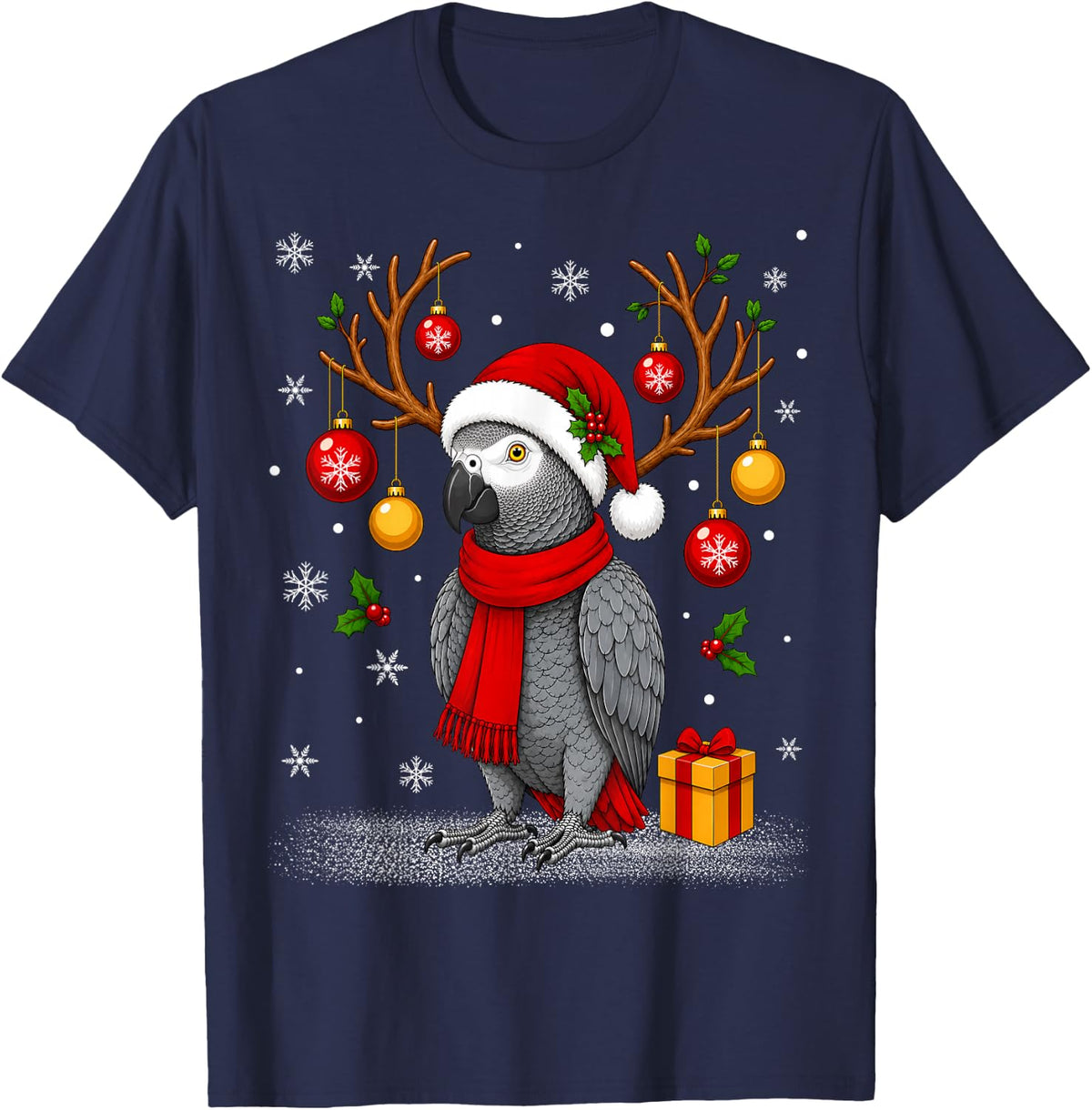Cute Grey Parrot Santa Hat Christmas T-Shirt - Navy Blue