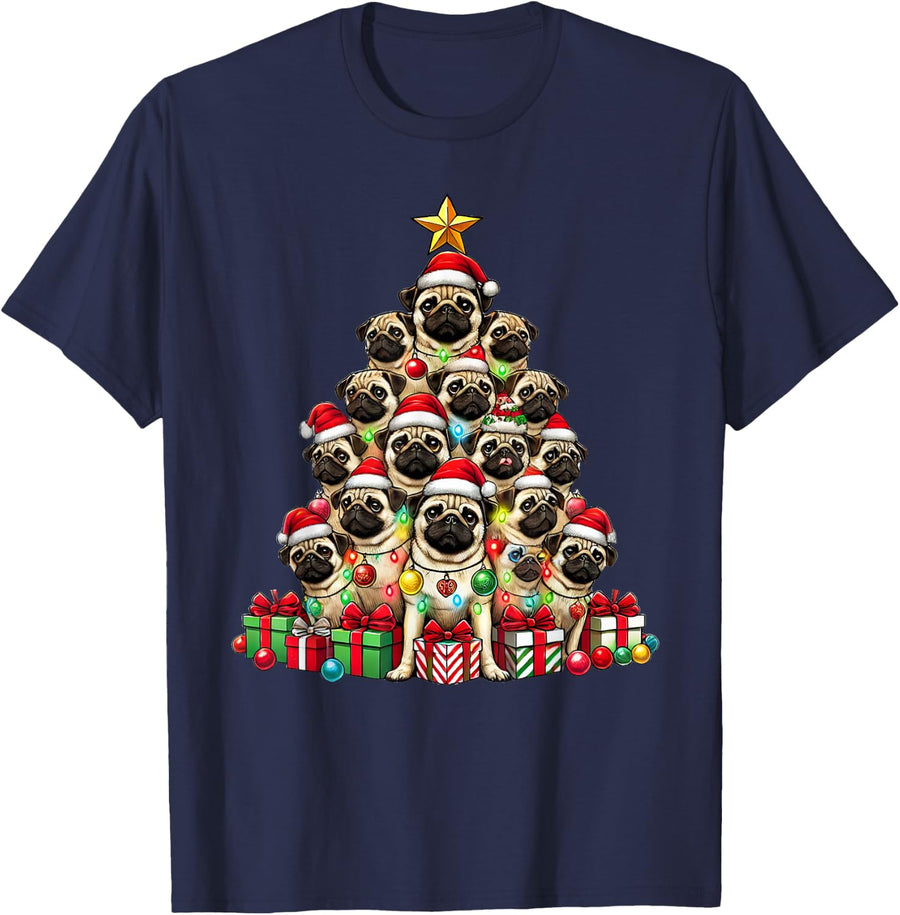 Dog Pug Christmas Tree Funny Pug Xmas T-Shirt - Navy Blue