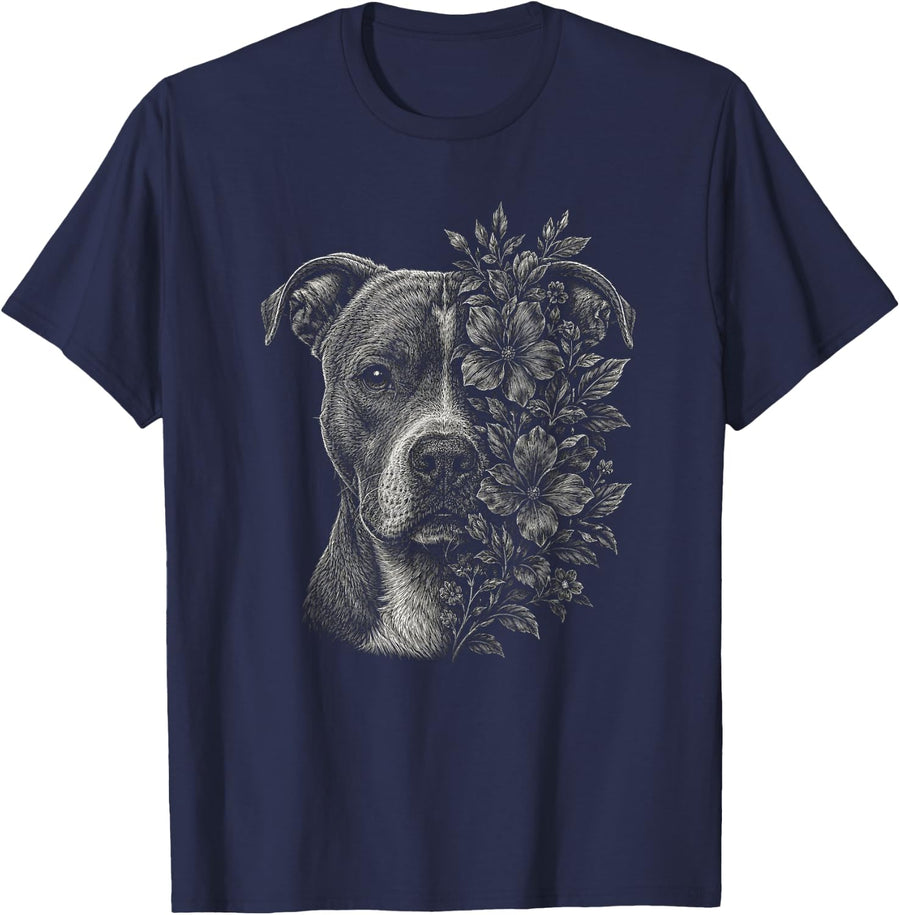 Floral American Staffordshire Terrier Amstaff Design T-Shirt - Navy Blue
