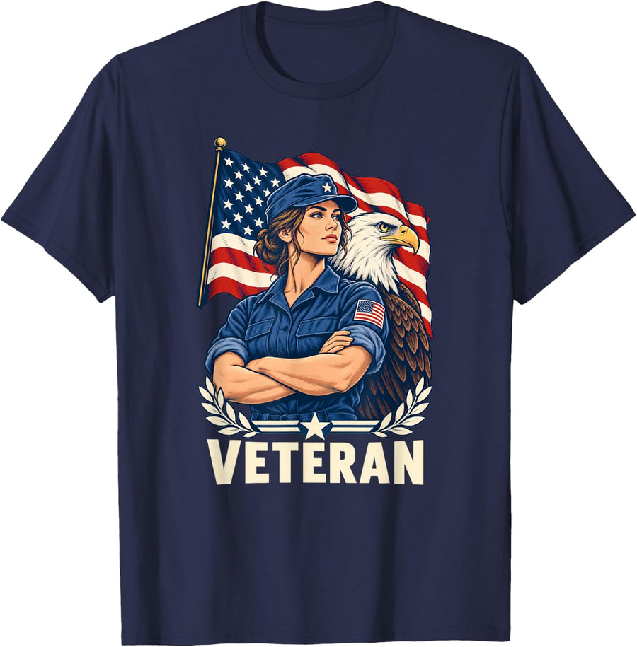 Veteran Women American Flag Bald Eagle Patriotic T-Shirt - Navy Blue