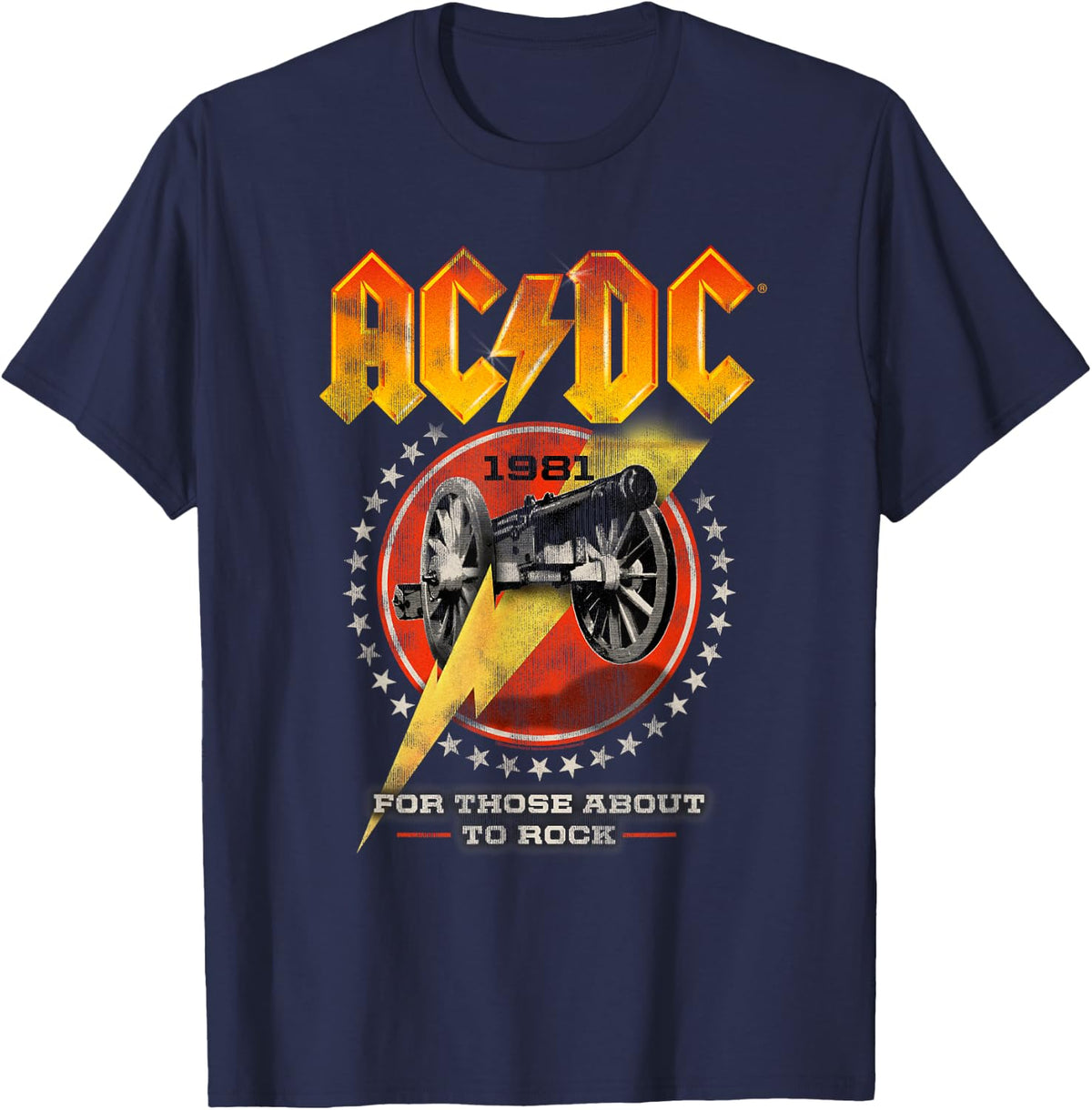 AC/DC for Those About to Rock Distressed Cannon and Stars T-Shirt - Navy Blue