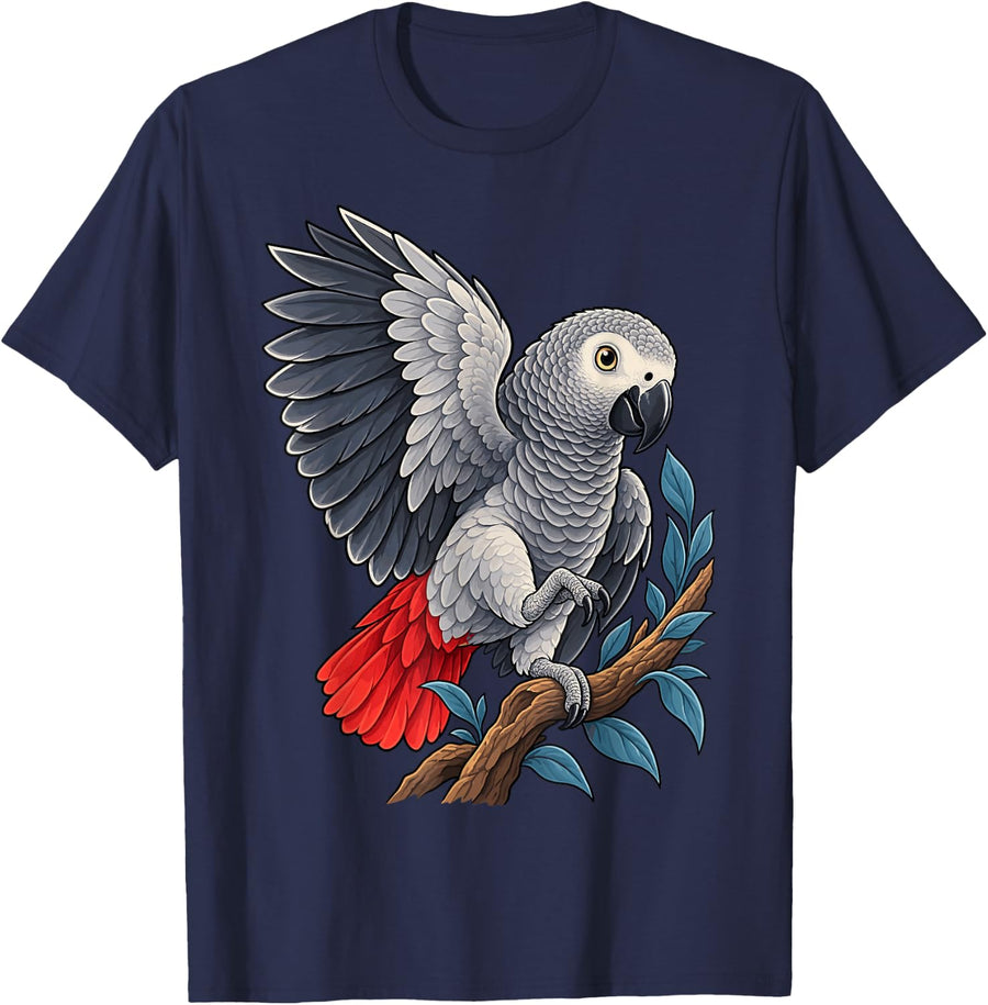 African Grey Parrot Perched on a Branch Animal Lover Art T-Shirt - Navy Blue