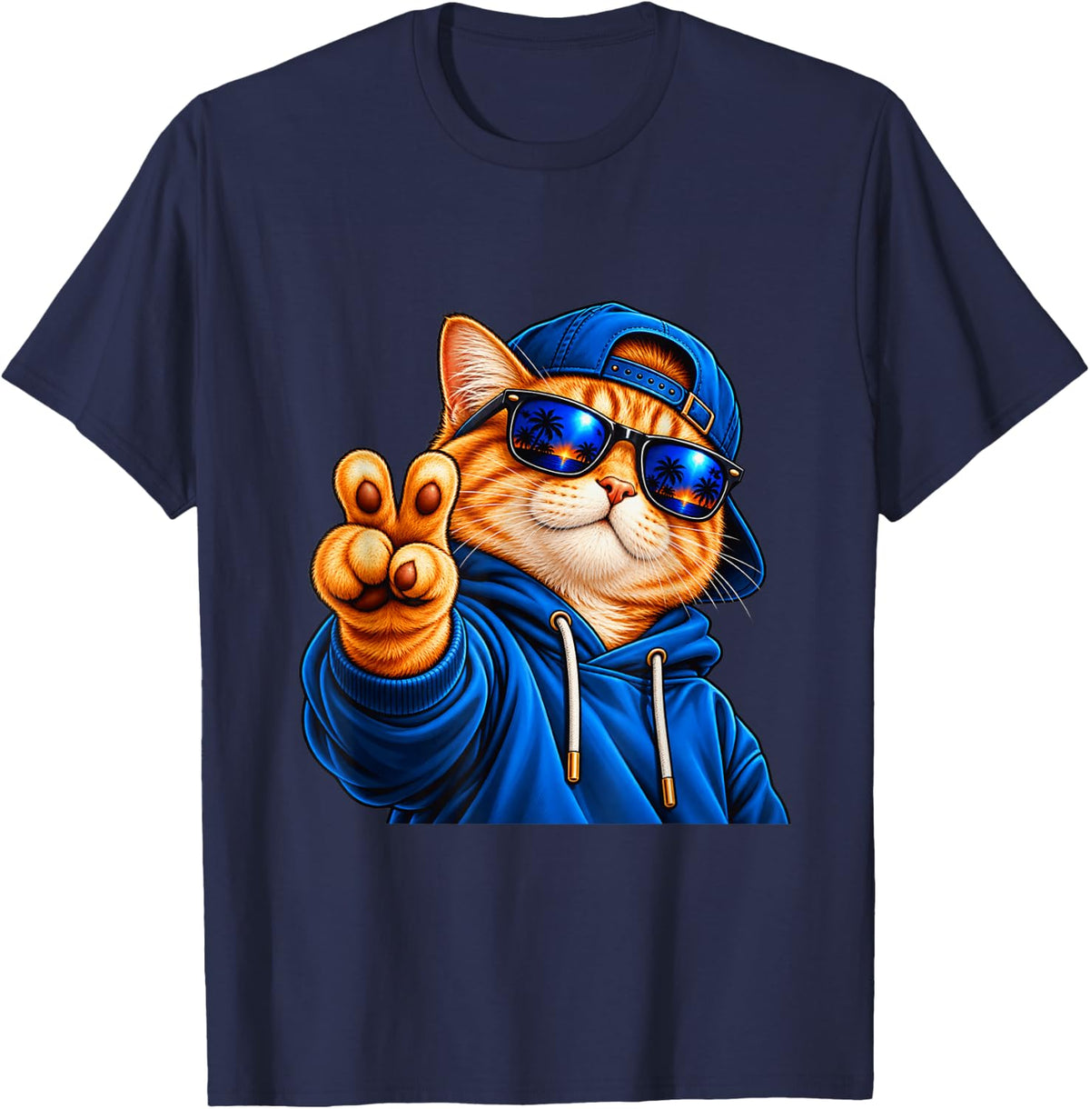 Funny Cat Blue Sunglasses Peace Loving Kitty T-Shirt - Navy Blue