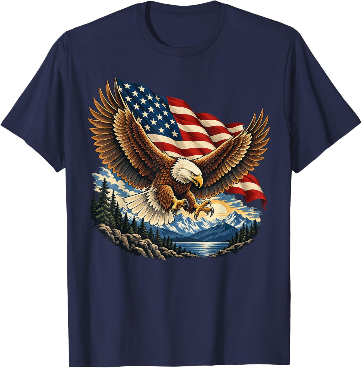 Bald Eagle USA Flag Vintage Americana Landscape T-Shirt - Navy Blue