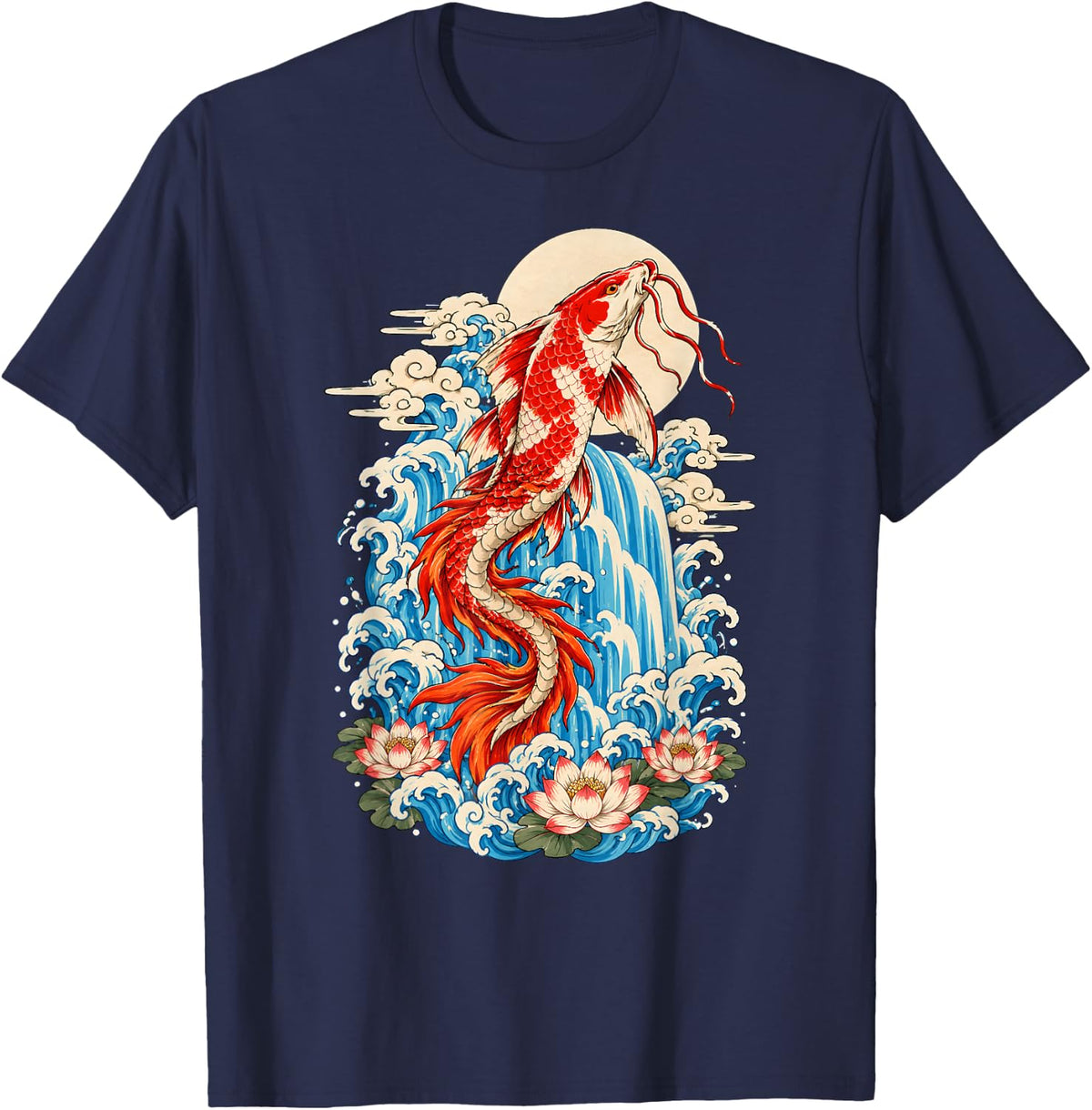 Koi Fish Turning Into Dragon Waterfall Japanese Legend Art T-Shirt - Navy Blue
