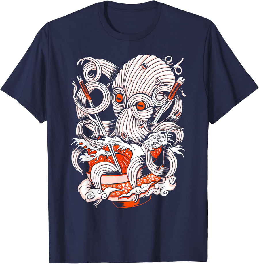 Kraken Ramen Octopus | Retro Anime Ramen Lover | Men Women T-Shirt - Navy Blue