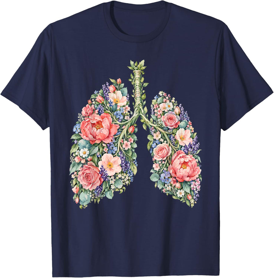 Watercolor Floral Lungs - Respiratory Therapist T-Shirt - Navy Blue