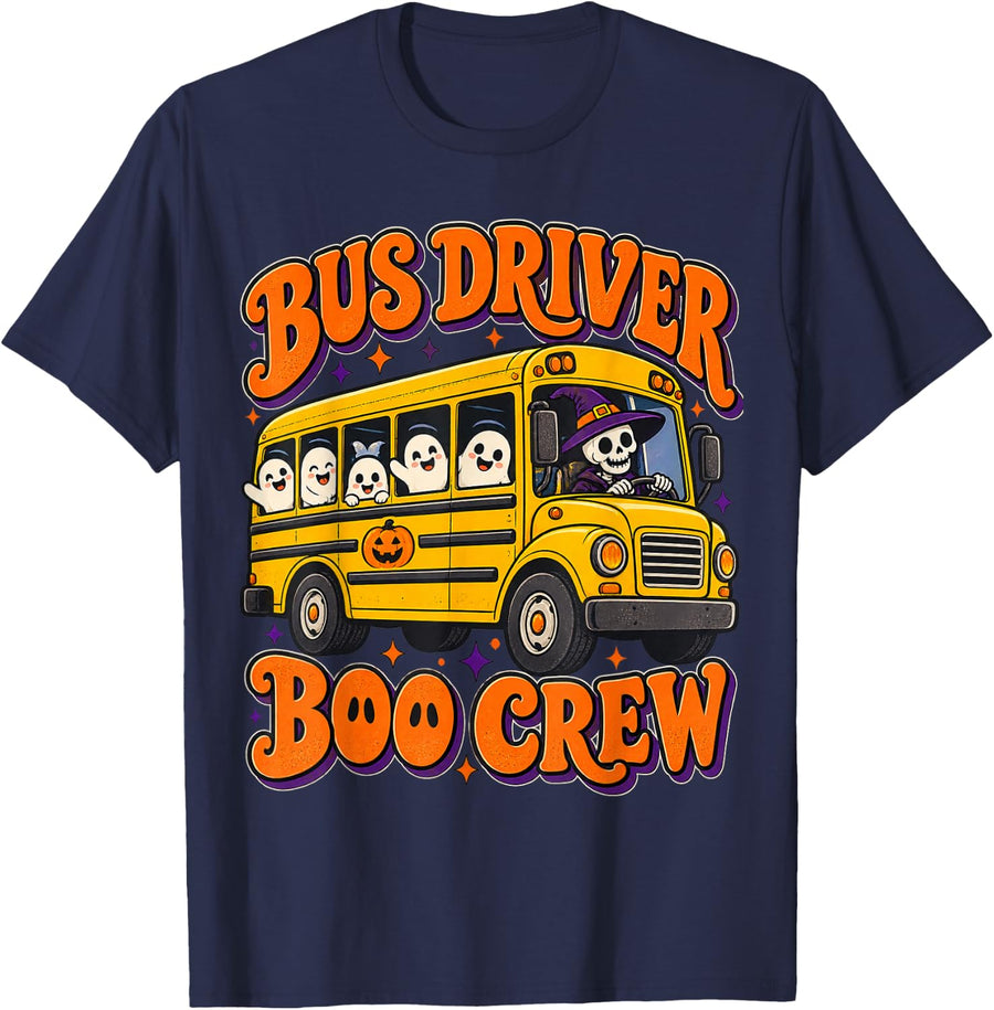 Bus Driver School Transportation Halloween Boo Crew Staff T-Shirt - Navy Blue