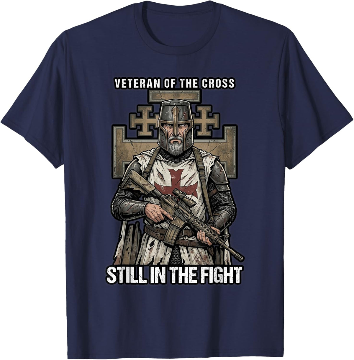 Gray Bearded Crusader Veteran Rifle Catholic T-Shirt - Navy Blue