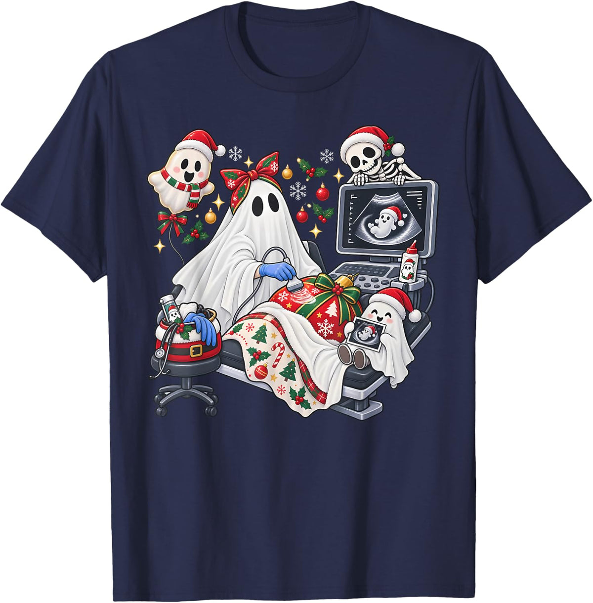 Christmas Cute Ghost Santa Sonographer Ultrasound Tech MFM T-Shirt - Navy Blue