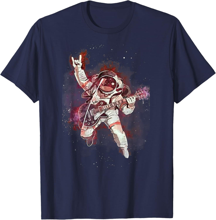 Space Astronaut Playing Guitar Astronomy Electric Guitarist T-Shirt - Navy Blue