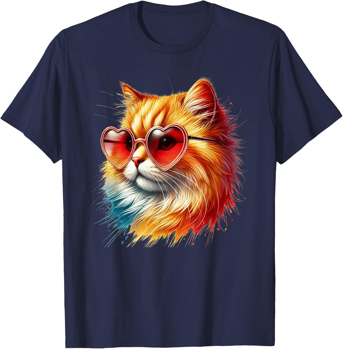 Cute Valentines Day Orange Cat Heart Sunglasses Women Men T-Shirt - Navy Blue