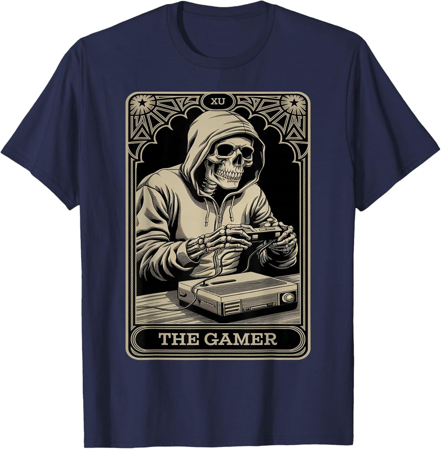 The Gamer Vintage Video Game Tarot Card Graphic Tee T-Shirt - Navy Blue