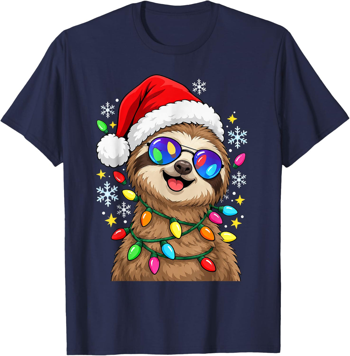 Sloth Christmas Light Funny Ugly Xmas Pajamas Sloth Lover T-Shirt - Navy Blue