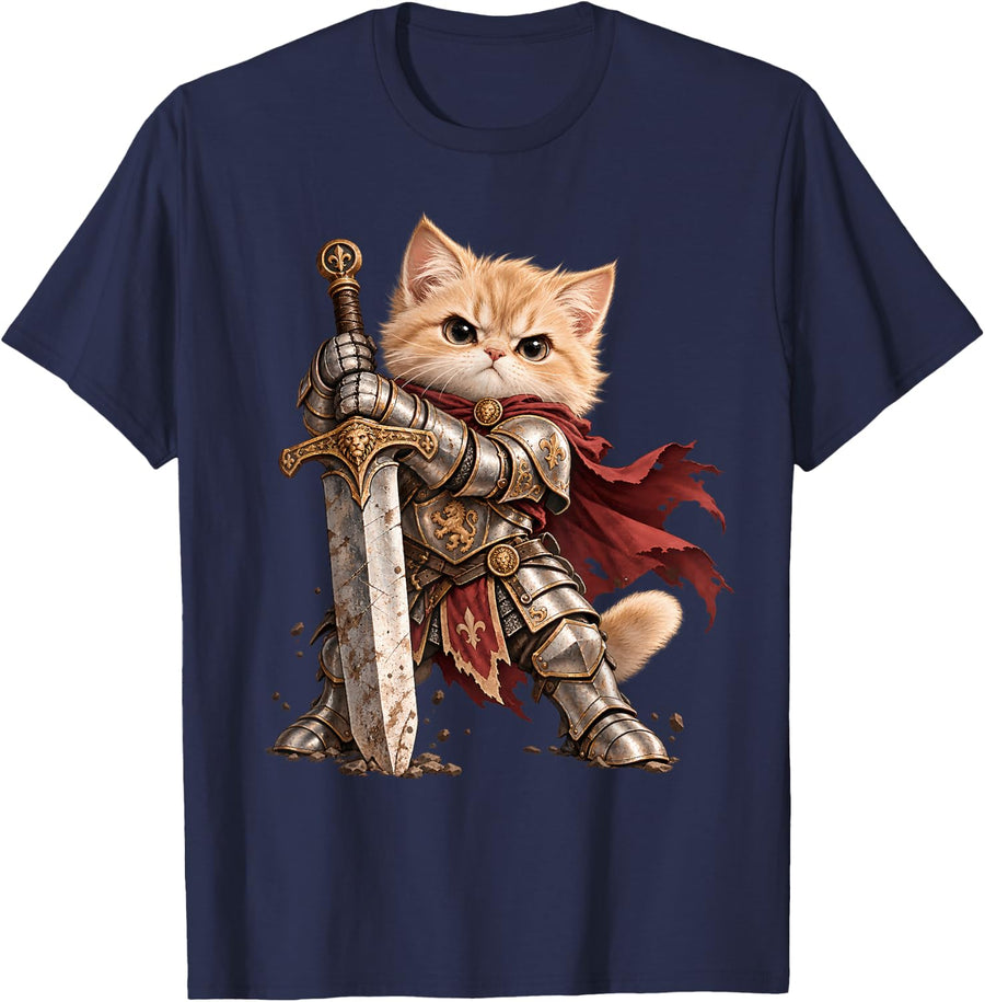 Cute Ginger Kitten Knight Large Sword Red Cape T-Shirt - Navy Blue